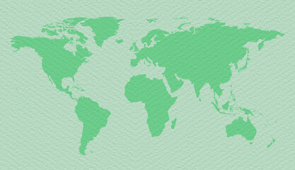 World map in ecological backgrounds. Silhouettes of continents in green color on watercolor paper. 