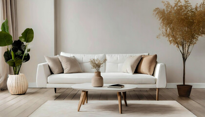 Modern home interior background, living room, minimalistic style, white sofa with coffee table