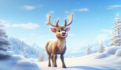 a cartoon reindeer is standing in the snow Generative AI - obrazy, fototapety, plakaty