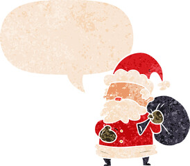 cartoon santa claus with speech bubble in grunge distressed retro textured style