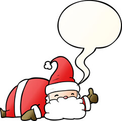 cartoon sleepy santa giving thumbs up symbol with speech bubble in smooth gradient style
