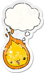 cute cartoon flame with thought bubble as a distressed worn sticker