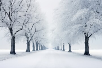 a snowy road lined with trees on both sides