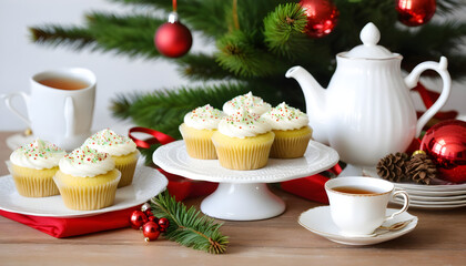 Obraz na płótnie Canvas sweet ginger christmas cupcakes, pies and tea on table with decorated christmas tree background created with generative ai