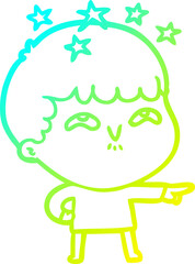 cold gradient line drawing of a cartoon amazed boy