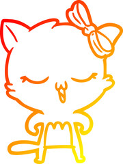 warm gradient line drawing of a cartoon cat with bow on head