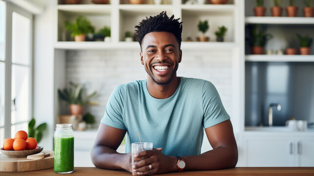 Cheerful man in a white shirt is sitting at a wooden table with a green smoothie