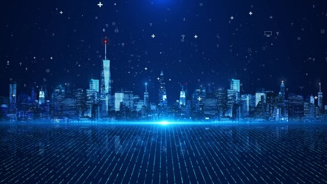 3D 4K Futuristic digital Smart city skyline. Big data, Artificial intelligence, Internet of things. cyberpunk and retro wave downtown cityscape at night. Worldwide metaverse