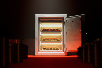 Secure Vault Revealing Stacked Shiny Gold Bars in Dramatic Lighting