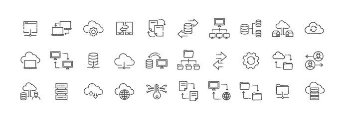 Data exchange icons. Data transfer and Network connection thin line icons. Online hosting service - obrazy, fototapety, plakaty