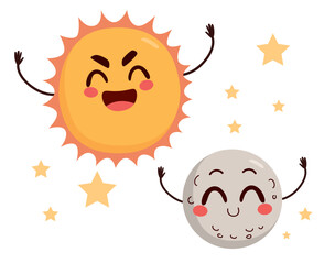 Sun and moon vector illustration with stars isolated on white background. Childish drawing concept of day and night