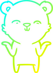 cold gradient line drawing of a happy cartoon polar bear shrugging shoulders