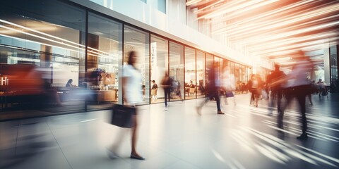 Fototapeta premium Generative AI, shopping mall with people, motion blur, blurred abstract background
