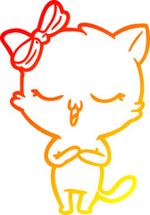 warm gradient line drawing of a cartoon cat with bow on head