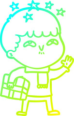 cold gradient line drawing of a cartoon amazed boy