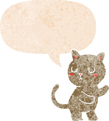cartoon cat with speech bubble in grunge distressed retro textured style