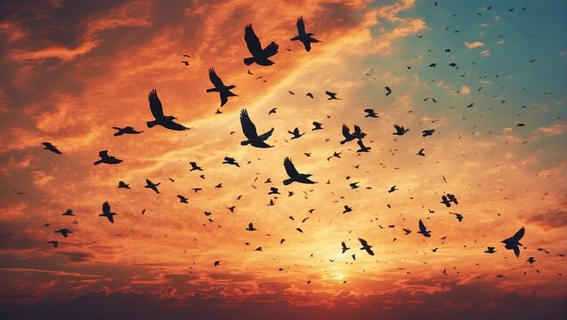 sunset, nature, sky, silhouette, bird, animal, flock, wildlife, flight, freedom, sunrise, fly, sun, group, beautiful, background, black, summer, landscape, wild, outdoor, birds, light, beauty, dawn, w