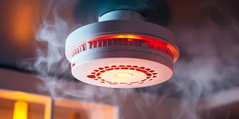 Fotobehang Active Smoke Detector on Ceiling with Red Warning Light in Hazy Room Indicating Potential Fire Hazard and Safety Measures in Place © Bartek