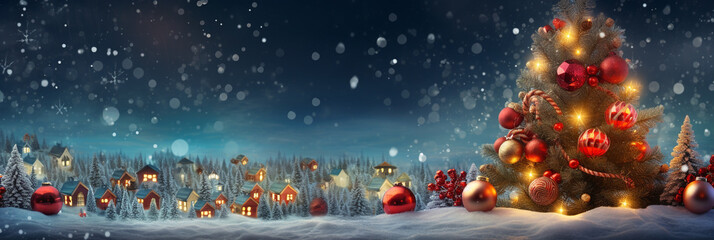 Christmas tree with christmas balls, surrounded with snow and christmas decorations. Christmas...
