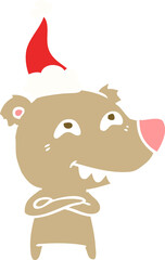hand drawn flat color illustration of a bear showing teeth wearing santa hat