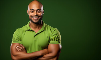Confident African American man with a vibrant smile and crossed arms wearing a lime green polo shirt against a matching green background