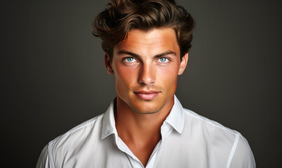 Obraz premium Confident young male model with captivating blue eyes and styled hair wearing a crisp white shirt, posing against a dark grey background