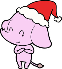 cute hand drawn line drawing of an elephant wearing santa hat