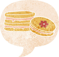 cartoon biscuit with speech bubble in grunge distressed retro textured style