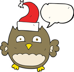 freehand drawn speech bubble cartoon owl wearing christmas hat
