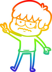 rainbow gradient line drawing of a annoyed cartoon boy