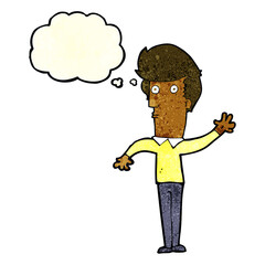 cartoon nervous man waving with thought bubble