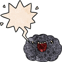 cartoon happy cloud with speech bubble in retro texture style
