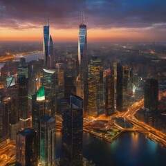 Naklejka premium City Skylines Images showcasing the panoramic view of a city skyline, capturing the towering buildings, lights, and urban atmosphere