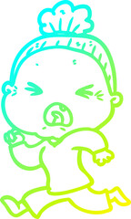 cold gradient line drawing of a cartoon angry old woman