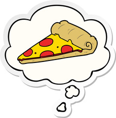 cartoon pizza slice with thought bubble as a printed sticker