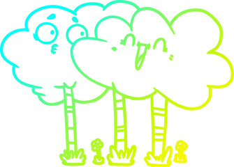 cold gradient line drawing of a cartoon trees with faces