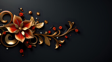 luxurious dark background adorned with a gold and red floral design, showcasing intricate petals, leaves, and ornamental swirls with a 3D effect