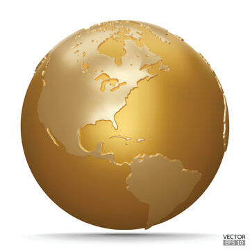 3D gold Earth Globes with shadow on white background. Golden Modern world map. World planet. Travel around the world, Earth Day, or environment conservation concept. 3D vector illustration.