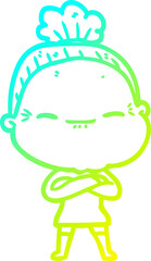 cold gradient line drawing of a cartoon peaceful old woman