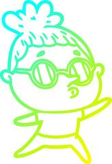 cold gradient line drawing of a cartoon woman wearing glasses