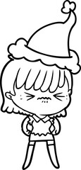 annoyed hand drawn line drawing of a girl wearing santa hat
