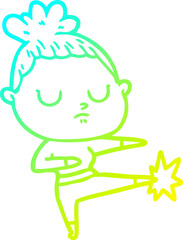 cold gradient line drawing of a cartoon calm woman