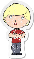 retro distressed sticker of a cartoon happy man with folded arm
