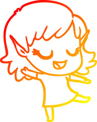 warm gradient line drawing of a happy cartoon elf girl
