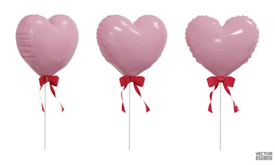 Set of realistic pink heart balloons with red rbbon isolated on background. Helium pink heart balloons clipart for anniversary, birthday, wedding, Christmas, card  party. 3D vector illustration © vensto