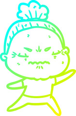 cold gradient line drawing of a cartoon annoyed old lady