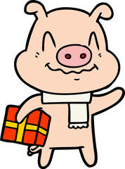 nervous cartoon pig with present