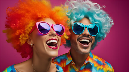 Young positive woman and man in wigs celebrating birthday party, bright makeup pink hair sunglasses, pink wig, glamor stylish glasses color background, April Fools' Day, copy space - obrazy, fototapety, plakaty