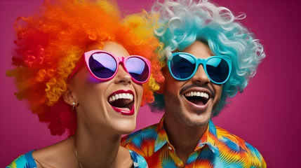  Young positive woman and man in wigs celebrating birthday party, bright makeup pink hair sunglasses, pink wig, glamor stylish glasses color background, April Fools' Day, copy space © Anastasiia