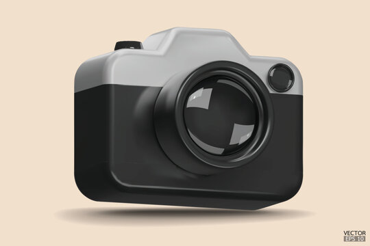 Photo camera with lens. Camera icon. Modern simple snapshot photography sign. 3d vector illustration.